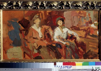 To på kurvestolene. (To på kurvestolene). To unge kvinder iført hatte, siddende side om side. Maleri af Konstantin Alexeyevich Korovin (Constantin Korovin) (1861-1939), olie på lærred