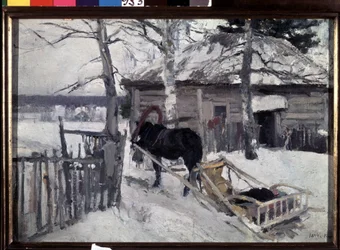 Vinter (Vinter). En hestevogn i gården til et træhus, på landet, under sneen. Maleri af Konstantin Alexeyevich Korovin (Constantin Korovin) (1861-1939), olie på lærred