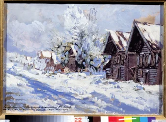 Vinter (Vinter). Udsigt over gaden i en landsby med træhuse, under sneen. Værk af Konstantin Alexeyevich Korovin (1861-1939), gouache på pap