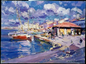 Fishing Bay i Sevastopol (Ukraine) (Fishing Bay, Sevastopol). Udsigt til kajen, hvor bådene, vandrere og bygninger ligger fortøjet under solen. Maleri af Konstantin Alexeyevich Korovin (Constantin Korovin) (1861-1939), olie på lærred