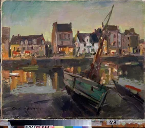 Marseille (Frankrig) (Marseille). En båd på kysten af ​​den gamle havn i Marseille, foran facaderne oplyst af aftenlys. Maleri af Konstantin Alexeyevich Korovin (Constantin Korovin) (1861-1939), olie på lærred