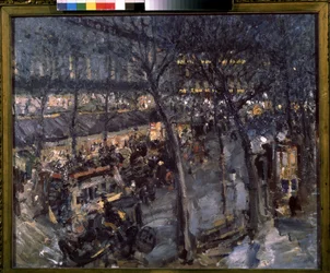 Paris, Cafe de la Paix i 9. arrondissement. (Paris, Cafe de la Paix). Udsigt til en parisisk caféterrasse, aftenunderholdning. Maleri af Konstantin Alexeyevich Korovin (Constantin Korovin) (1861-1939), olie på lærred