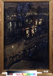 Paris om natten (Paris om natten). Udsigt over Seines kajer, med en hestevogn, og byens lys, der reflekterer på vandoverfladen. Maleri af Konstantin Alexeyevich Korovin (Constantin Korovin) (1861-1939), olie på lærred, russisk kunst