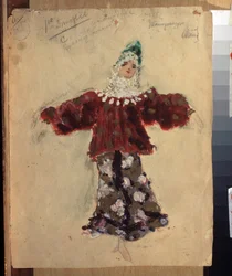 Kostumedesign til balletten den lille pukkelryggede hest af Cesare Pugni (1802-1870) (kostumedesign til balletten den lille pukkelryggede hest af C.Pugni). Værk af Konstantin Alexeyevich Korovin (Constantin Korovin) (1861-1939), akvarel på papir
