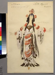 Kostumedesign til operaen "Ruslan og Lyudmila" af Mikhail Igor Glinka (1804-1857) (Kostumedesign til operaen Ruslan og Lyudmila af M. Glinka). Værk af Konstantin Alexeyevich Korovin (Constantin Korovin) (1861-1939), akvarel, gouache og guld