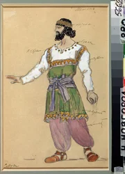 Kostumedesign til operaen Snowstorm af Georgui Sviridov (1915-1998) (Kostumedesign til operaen Snowstorm af G.Sviridov). Værk af Konstantin Alexeyevich Korovin (Constantin Korovin) (1861-1939), akvarel og gouache på pap