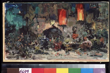 Scenedesign til balletten Don Quixote af Leon (eller Ludwig) Minkus (1826-1917) (Scenedesign til balletten Don Quixote af L. Minkus). Værk af Konstantin Alexeyevich Korovin (Constantin Korovin) (1861-1939), akvarel og gouache på pap