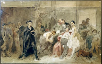 Bag gardinet i livegneteatret - Værk af Konstantin Alexandrovich Trutovsky (Troutovsky) (1826-1893) - Bag gardinet i livegneteatret - Akvarel på papir - Russisk kunst