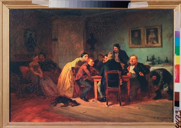 Kortspil - Sen aften i et borgerligt interiør - Maleri af Konstantin Alexandrovich Trutovsky (Troutovsky) (1826-1893), olie på lærred