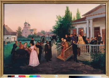 Besøgendes afgang - Maleri af Konstantin Alexandrovich Trutovsky (Troutovsky) (1826-1893), olie på lærred