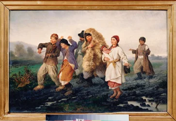 The Return From The Fair (En beruset, fattig bondefamilie går ned ad en mudret vej, synger og danser) - The Return From The Fair - Maleri af Konstantin Alexandrovich Trutovsky (Troutovsky) (1826-1893), olie på lærred