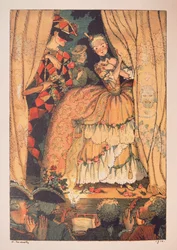 Illustration til ""Le Livre de la Marquise"" af Franz Blei (Illustration til Marquisebogen af ​​Franz Blei) (en markise løfter et teaterscenetæppe med Harlekin ved sin side) - Værk af Konstantin (Constantin) Andreyevich Somov ( 1869-19