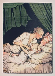 Illustration til «Markisens bog» af Franz Blei (en markise med blottede bryster, liggende i sin seng med sin elsker) - værk af Konstantin Andreyevich Somov (1869-1939), radering