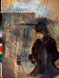 Forår. En kvinde klædt i sort, med melankolsk udtryk og nedslået blik, lænet mod et smalt gelænder. Værk af Konstantin Andreyevich Somov (1869-1939)