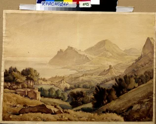 ""Landskab af bjerge og ruiner af en by"" (Gammel by) Maleri af Konstantin Bogayevsky (1872-1943) Dim 46x64 cm F Kovalenko Museum of Art, Krasnodar