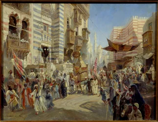 Muslimsk helligdag: processionen af ​​det hellige tæppe i Kairos gader i Egypten (Overleveringen af ​​det hellige tæppe i Cairo) - Olie på lærred af Konstantin Yegorovich Makovsky (Constantin Makovski) (1839-1915)