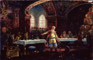 Grev Michael Repnin (?) ved Ivan den Forfærdeliges fest (1530-1584). (Grev Mikhail Repnin Ved Ivan Den Forfærdelige Fest). Repnin, der står i midten af ​​de dækkede borde, fordømmer zarens politik. Maleri af Konstantin Yegorovich Makovsky (Constantin Mak