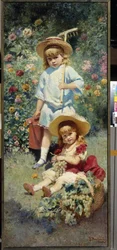 Portrætter af kunstnerens børn. (Portræt af kunstnerens børn). Repræsenteret i en blomsterhave om sommeren, bærer den ældste en rive og en vandkande, den yngste sidder i græsset ved siden af ​​en kurv fuld af klaser af druer. Maleri af Konst