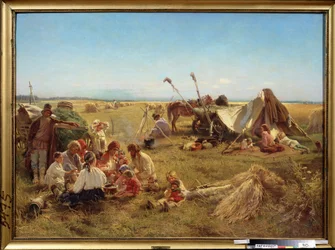 Bøndernes måltider i høstsæsonen. (Et Bondemåltid ved Høsttiden). Maleri af Konstantin Yegorovich Makovsky (Constantin Makovsky) (1839-1915), olie på lærred