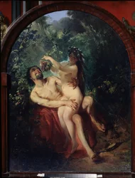 Satyr og nymfe. (Satyr og nymfe). Nøgent og beruset par, nymfen på satyrens knæ fodrer ham med en klase vindruer, plukket fra vinstokkene, der omgiver dem. Maleri af Konstantin Yegorovich Makovsky (Constantin Makovsky) (1839-1915), olie