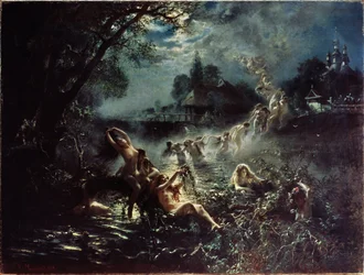 Havfruer (Havfruer). Om natten væver nøgne kvinder kranse i en flod og danner derefter en kæde ved at holde fast i hinanden og stige op i himlen, før de blander sig i skyerne. Maleri Konstantin Yegorovich Makovsky (Constantin Makov