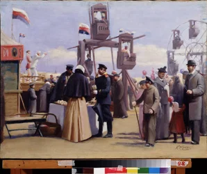 Boder på Moskva-messen. (Moskva Fair Show Stands). Maleri af Konstantin Yegorovich Makovsky (Constantin Makovsky) (1839-1915), olie på lærred. 1800-tallet russisk kunst. Statens kunstmuseum i Tjuvasjrepublikken, Cheboksary (Chuvashia, Rusland).