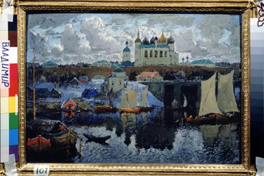 Broen A Novgorod (Rusland) (Novgorod, Pier). Maleri fra Konstantin (Constantin) Ivanovich Gorbatov (1876-1945), olie på lærred