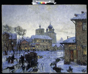 ""Tøet"" Russisk landsbylandskab i slutningen af ​​vinteren. Maleri af Konstantin (Constantin) Gorbatov (1876-1945) 1910 M. Kroshitsky kunstmuseum, Sevastopol