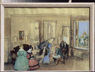 En scene fra teaterstykket ""The Revizor"" af Nicolas Gogol (1809-1852) (En scene fra teaterstykket The Reviser af N. Gogol) - Værk af Konstantin Ivanovich Rudakov (Constantin Roudakov) (1891-1949) , akvarel og gouache på papir - Kunst scenograp