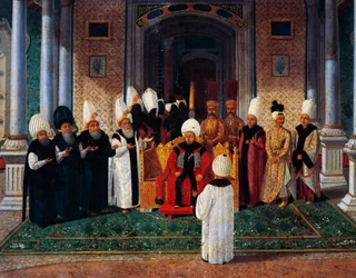 Selim III (1761-1808) modtager dignitarer under baldakinen ved Lyksalighedens Port i Topkapi, detalje fra ceremonien for sultan Süleyman III’s tronbestigelse, ca. 1789