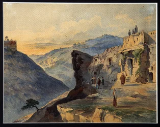 Josafats dal, Oliebjerget, landsbyen Siloam. Beskrivelse af steder nær Jerusalem, Israel, som nævnes i Bibelen. Josafats dal er en del af Kedrondalen