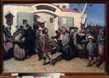 Tilbage til friheden. (Løsladelse af fangerne i et tugthus, deres øjne er rettet mod himlen og en bevæget skare venter på dem). Maleri af Konstantin Petrovich Pyneev (1868-1922), olie på lærred. russisk kunst