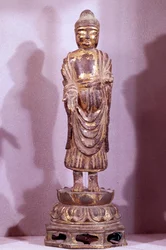 Coreen Art: Buddha-statuette i gylden bronze. Silla periode, 8. århundrede. Hyung pil Chun samling