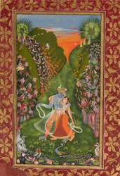 Radha og Krishna Walk in a Flower Grove recto, Krishna Fluting verso, c1720 r, c1750-75 v