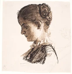 Kunstnerens søster Elisabeth. Profil t.v. Fletninger Frisure