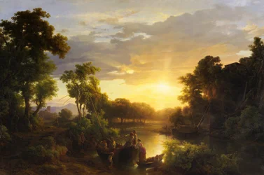 Italienske landskaber ved solnedgang, fiskere