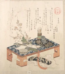 „Skrivebord med skrivesæt og blomstrende blommetræer“, fra serien Ise-kalendere for Asakusa-gruppen (Asakusa-gawa Ise goyomi). Fra samlingen Forårsregn (Harusame shū), bind 2