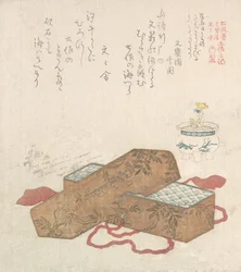 Brevkasse med brev og potteblomst, 1800-tallet.