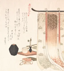 Skærm og redskaber til røgelsesceremonien, 1800-tallet.