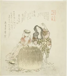 Kvinde og to drenge samler abalone fra serien "The Tosa Diary (Tosa nikki)"