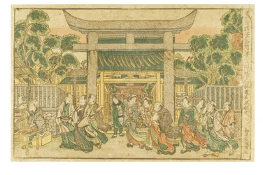 Godt vejr ved Hachiman-helligdommen ved Fukagawa-floden fra serien Newly Published Perspective Views. De otte berømte udsigter over Edo