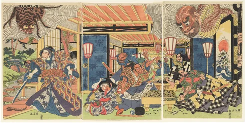 Minamoto no Yorimitsu and His Retainers Defeat the Earth Spider, ca. 1804-1818 (træsnit (nishiki-e); blæk og farve på papir)