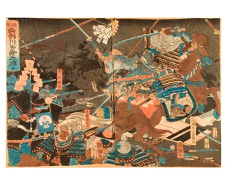 Det store slag ved Kawanakajima mellem to generaler, ca. 1859-71 (træblok på papir)