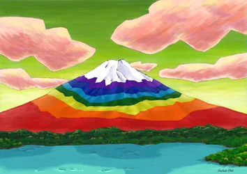 Søen og det regnbuefarvede Fuji-bjerg, 2023 (digitalt maleri)