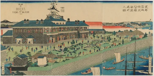 The Seaside Garden of the Tsukiji Hotel i den østlige hovedstad, Meiji-æraen, 1868 (farvet træbloktryk)