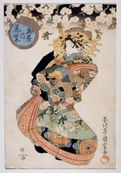 Courtesane Hanamurasaki fra Tamaya tehus, Ca 1830, Ukiyo-e kunsttryk af Utagawa Kunitomi (aktiv 1810-1830), Oban-tate-e træsnit, 38,2x26,5 cm, japansk civilisation