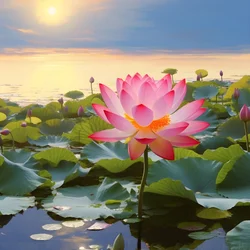 Store og smukke lotusblomster blomstrer på den klare vandoverflade, grønne lotusblade og dug på lotusblomsterne. Solnedgangen skinner på vandoverfladen 2