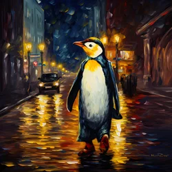 En pingvin i jakkesæt løber ned ad gaden 1