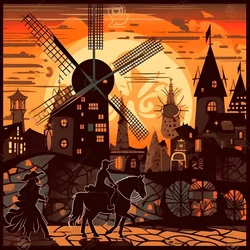 Baggrund Don Quixote yderst til højre på sit æsel så lille som en skygge, foran vindmøllerne, en passende kulisse 4