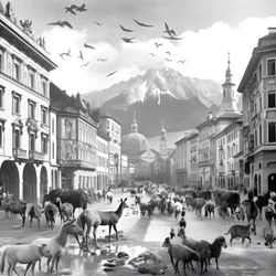 Innsbruck i et gammelt fotografi med elegante zebraer, måger, aber og lerfigurer. 2
